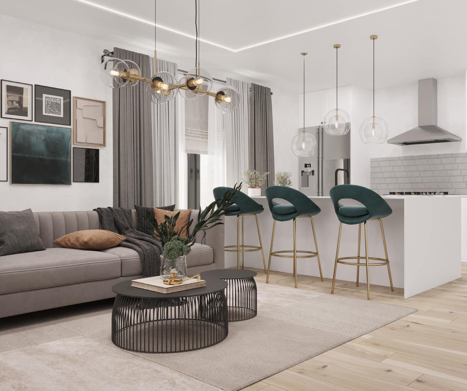 Interior of a PC Modern Towns home, the living room opening onto the kitchen.