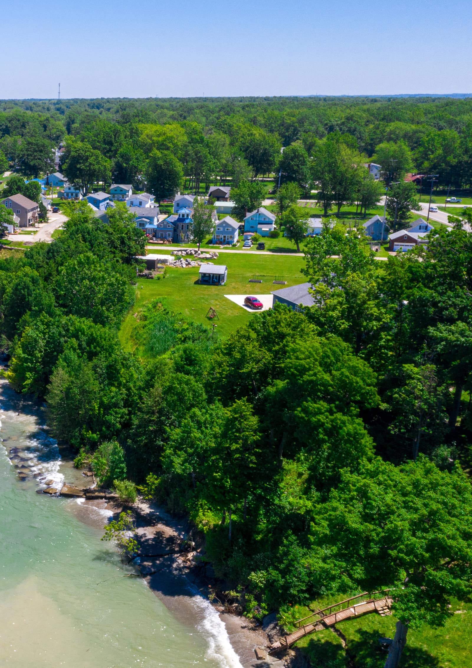 Aerial view of the treed Lake Erie shoreline at Crystal Beach, Fort Erie, Ontario.
